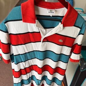 Lacoste Polo with Red, White, and Teal Stripes